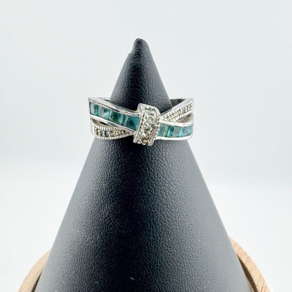 Vintage Silver Tone Bow Ring Green Glass & Marcasite Art Deco Style Glam Retro - Picture 4 of 10